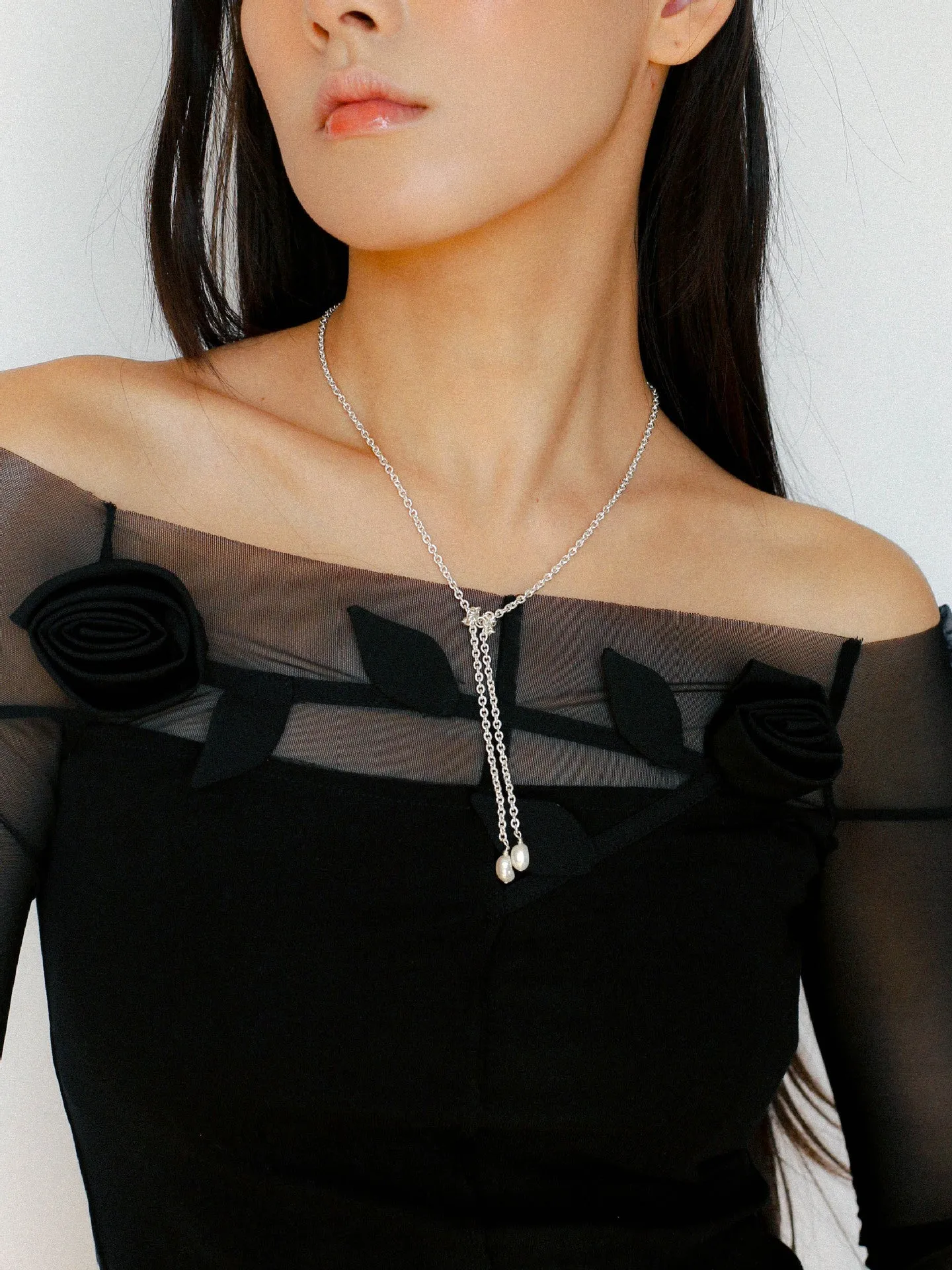Knotted Pearl Silver Chain Necklace