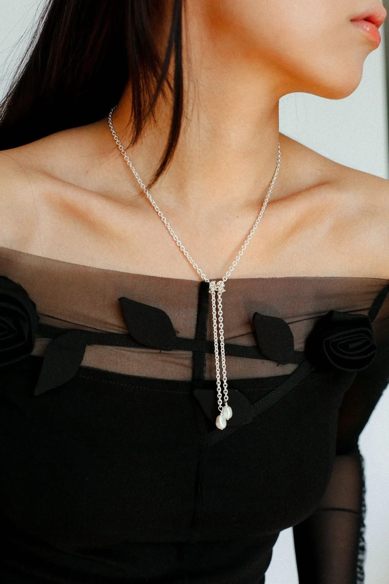 Knotted Pearl Silver Chain Necklace