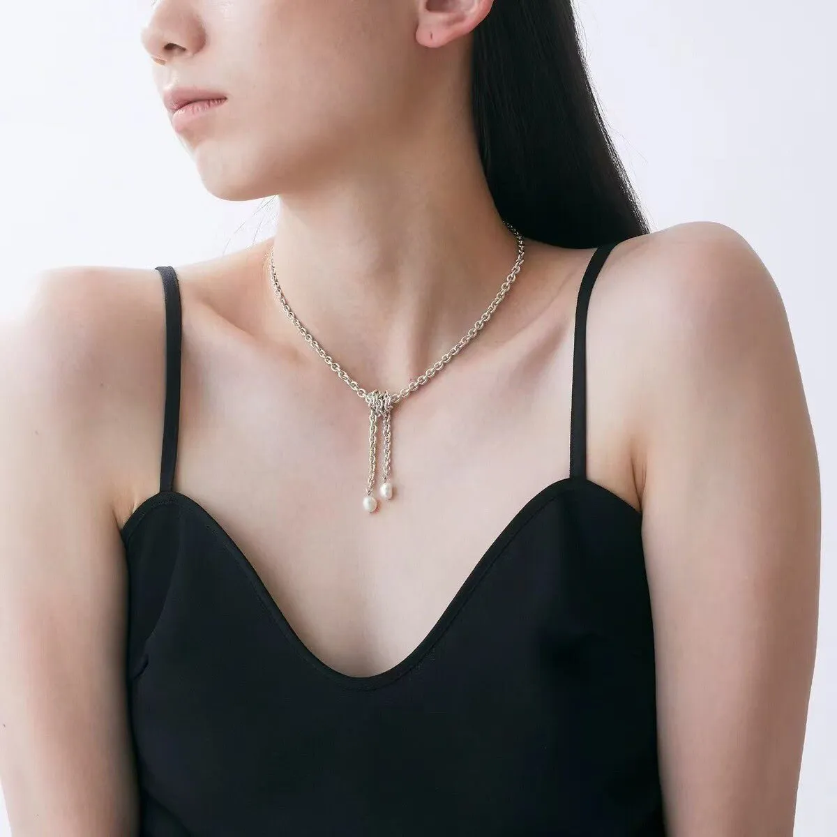 Knotted Pearl Silver Chain Necklace