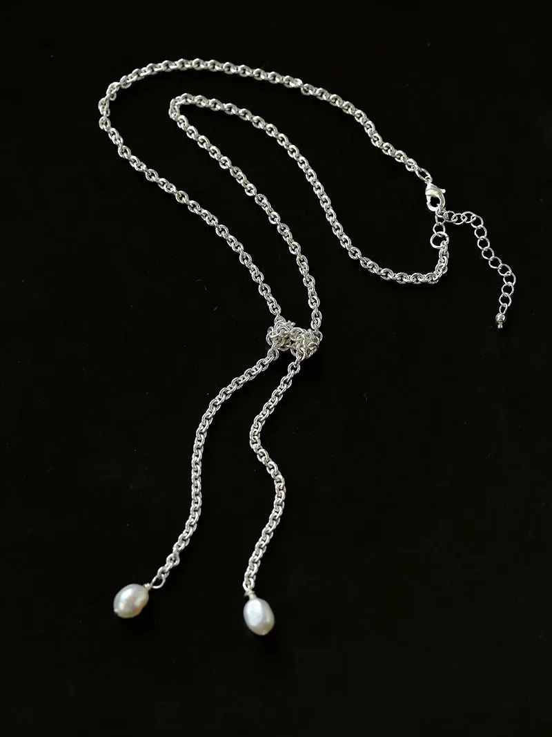 Knotted Pearl Silver Chain Necklace