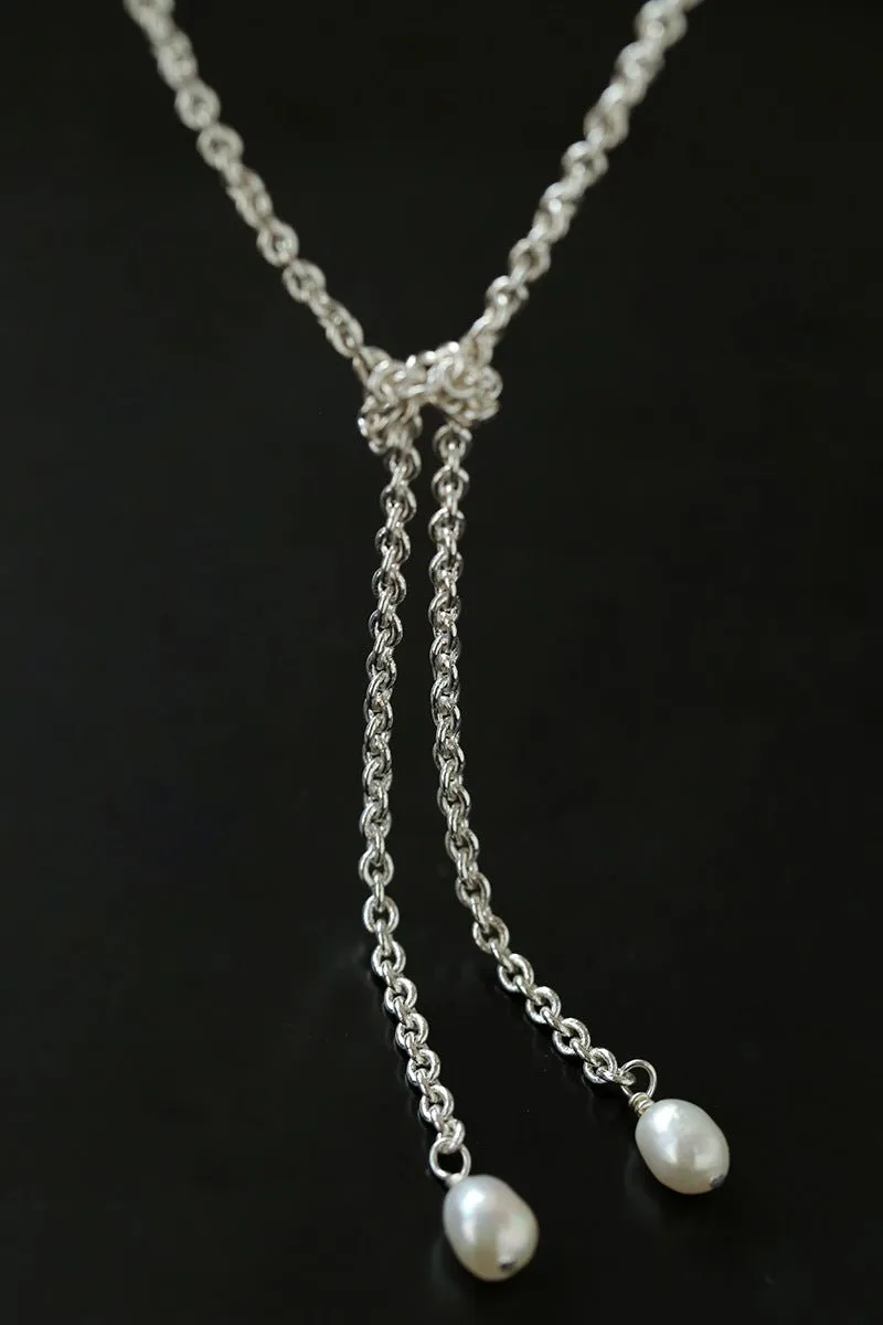 Knotted Pearl Silver Chain Necklace