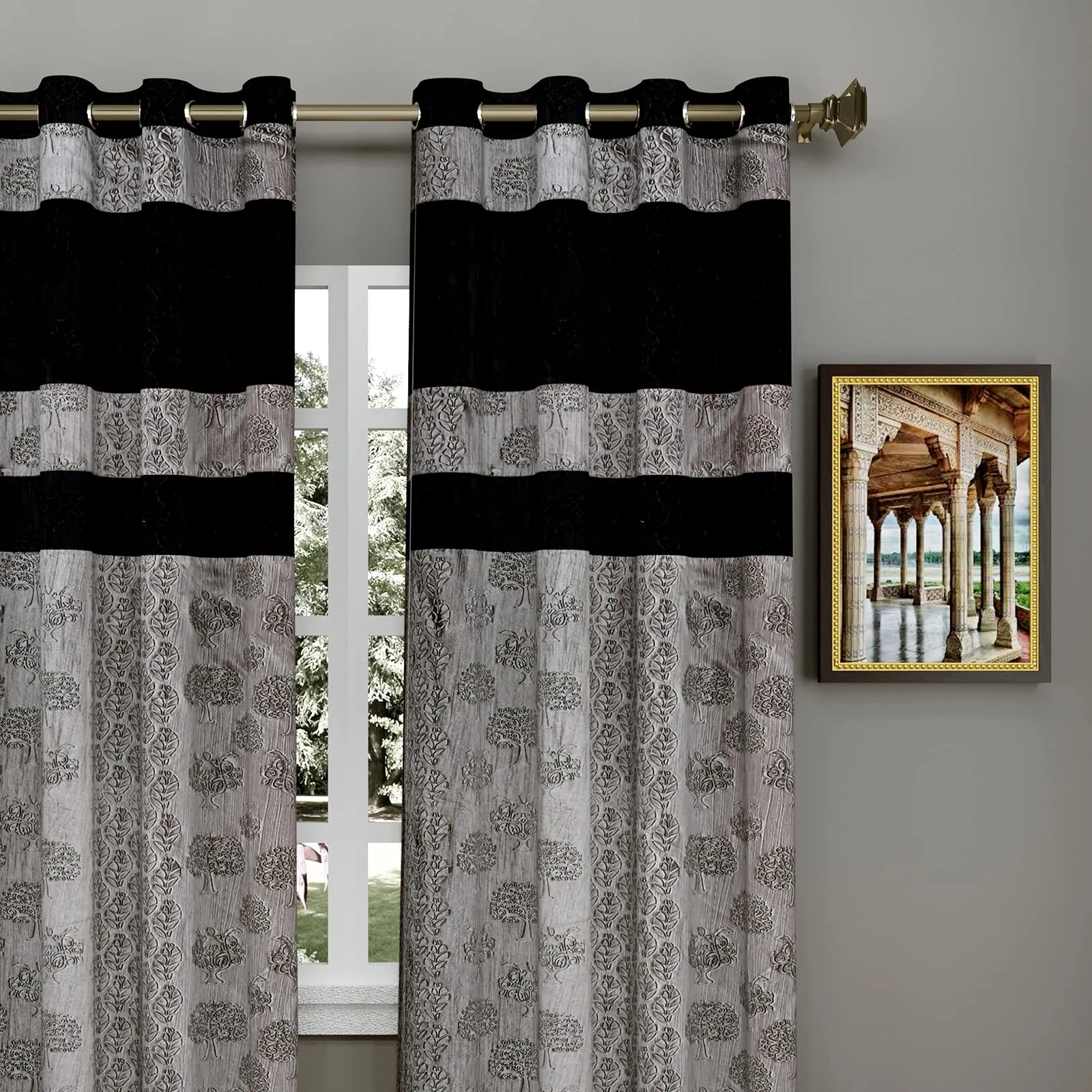 Kuber Industries Forest Printed 7 Feet Door Curtain for Living Room, Bed Room, Kids Room with 8 Eyelet- Pack of 2 (Black & Grey)-HS43KUBMART25611,Standard,HS43KUBMART025611