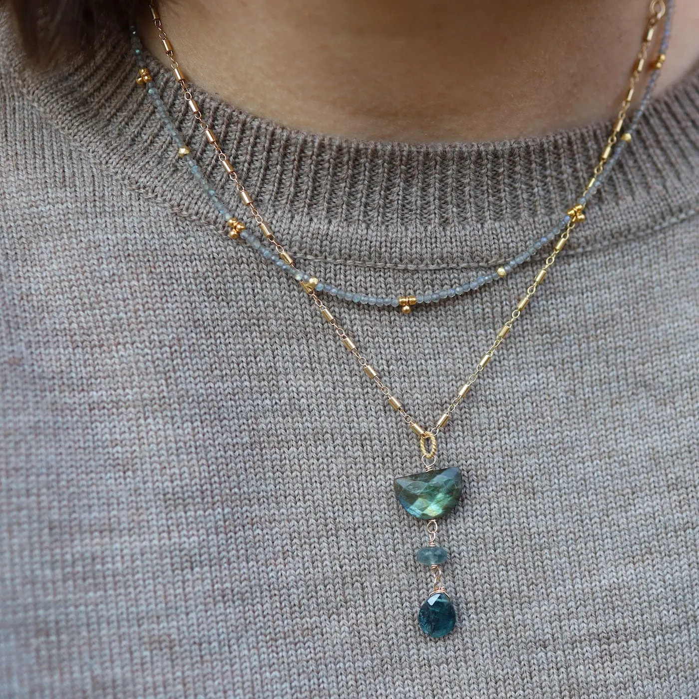 Labradorite Tiny Gold Ball Charms Necklace