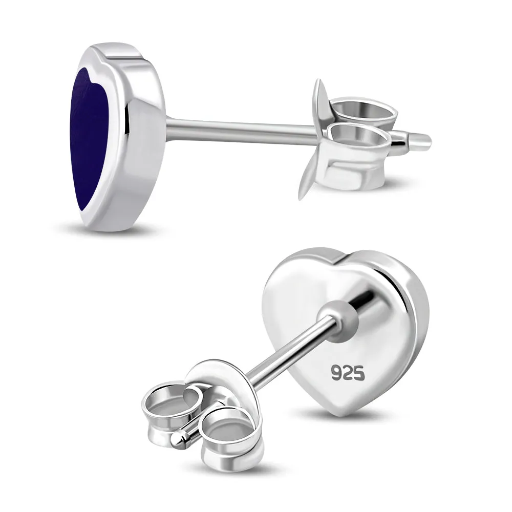Lapis Lazuli Blue Stone Heart Silver Stud Earrings