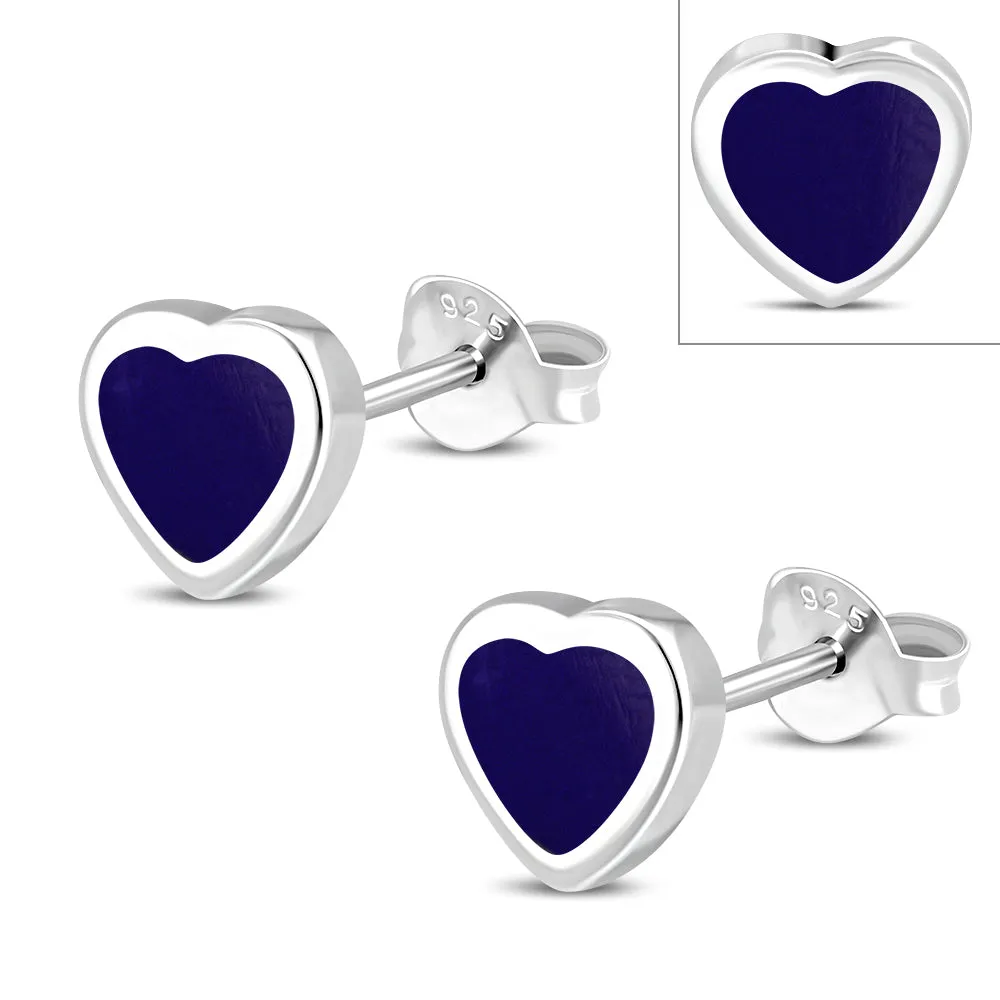 Lapis Lazuli Blue Stone Heart Silver Stud Earrings