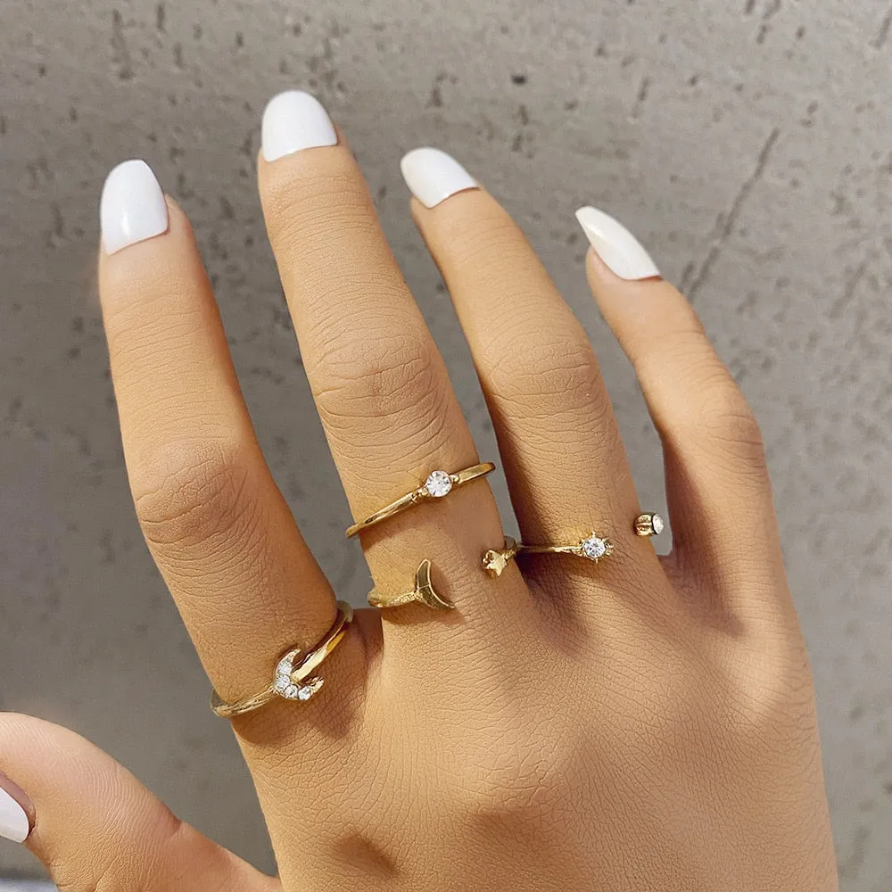 LATS Bohemian Gold Color Chain Rings Set for Women Fashion Boho Coin Snake Moon Star Rings Party 2022 Female Trend Jewelry Gifts