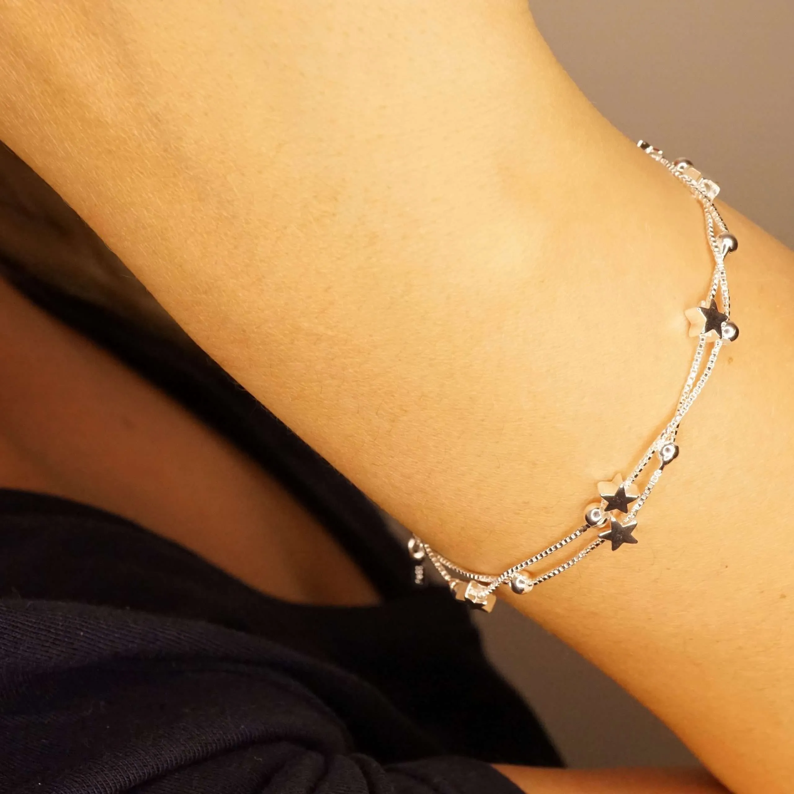 Lucia X - Sterling Silver Tiny Little Twinkle Stars Charm Bracelet, Anklet or Necklace - Adjustable - Sweet, Cute and Whimsical jewellery