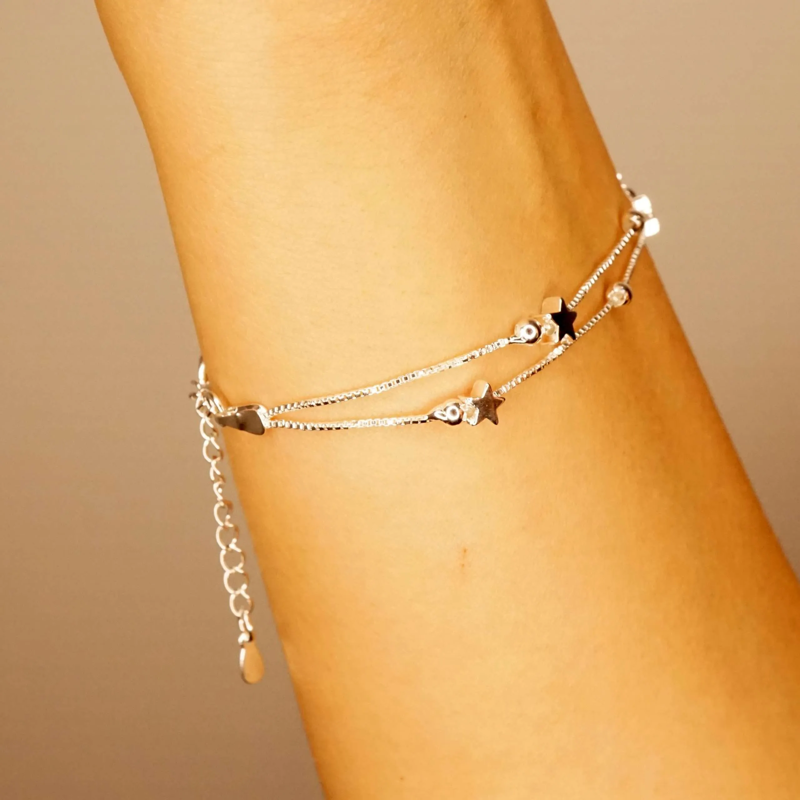 Lucia X - Sterling Silver Tiny Little Twinkle Stars Charm Bracelet, Anklet or Necklace - Adjustable - Sweet, Cute and Whimsical jewellery