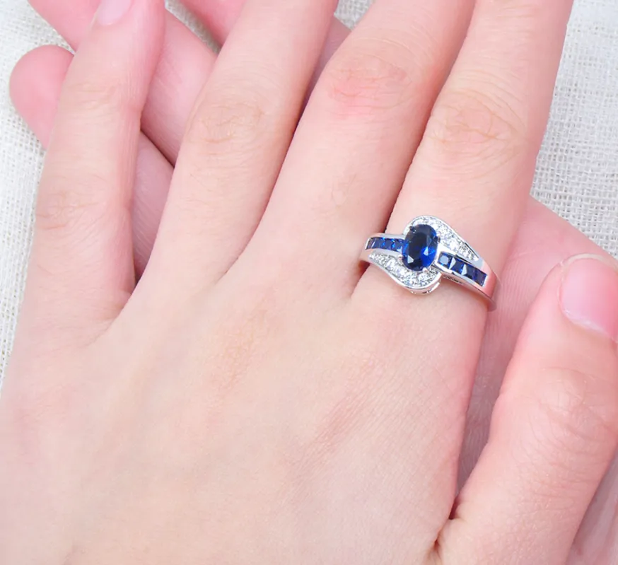 Men Women Blue Oval Ring Vintage White Gold Filled Jewelry Christmas Gifts