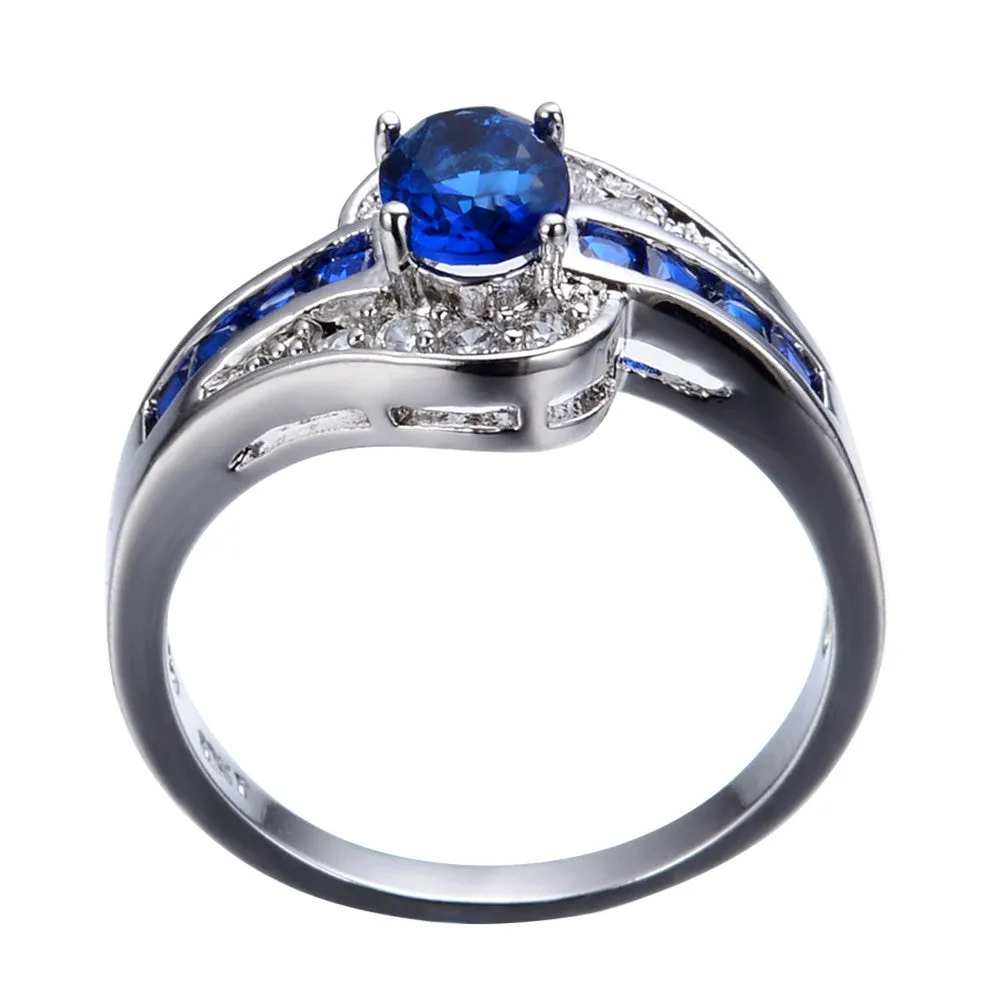 Men Women Blue Oval Ring Vintage White Gold Filled Jewelry Christmas Gifts