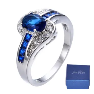 Men Women Blue Oval Ring Vintage White Gold Filled Jewelry Christmas Gifts