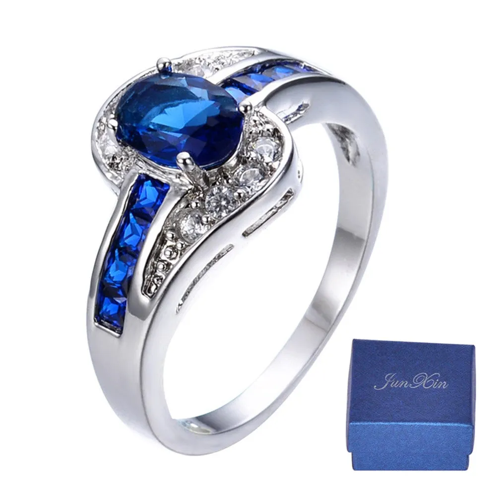 Men Women Blue Oval Ring Vintage White Gold Filled Jewelry Christmas Gifts