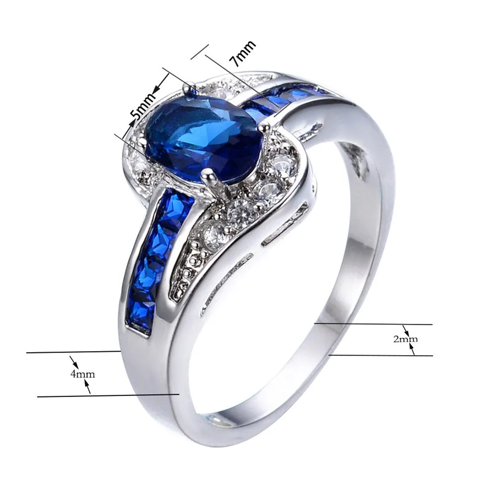 Men Women Blue Oval Ring Vintage White Gold Filled Jewelry Christmas Gifts