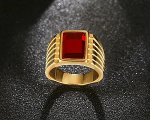 Men's Square Red Stone Rings Gold-Plated Steel Jewelry Bague Anillos