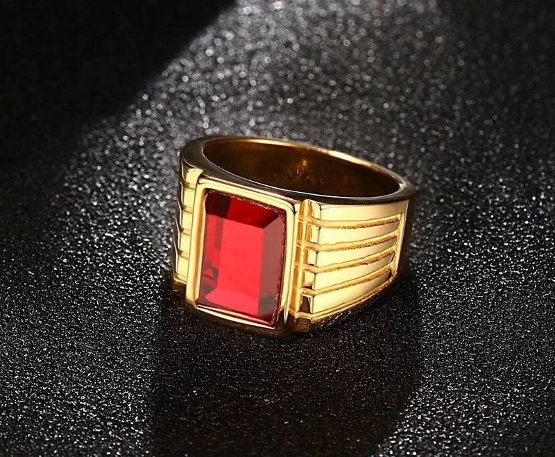 Men's Square Red Stone Rings Gold-Plated Steel Jewelry Bague Anillos