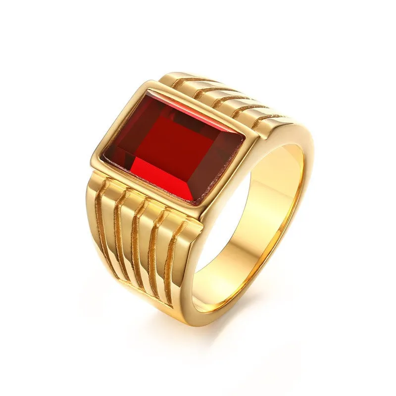 Men's Square Red Stone Rings Gold-Plated Steel Jewelry Bague Anillos
