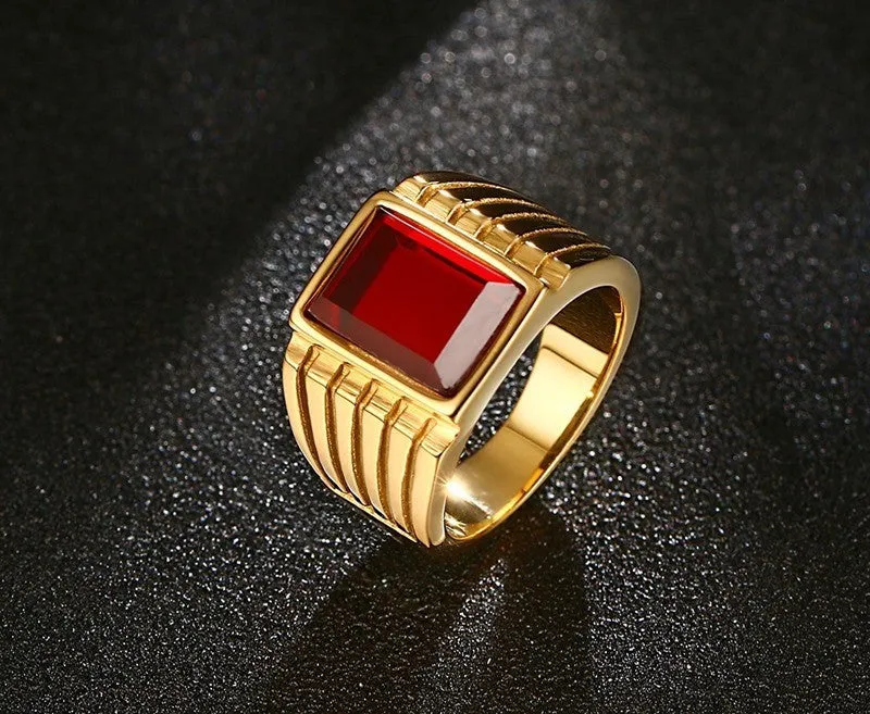 Men's Square Red Stone Rings Gold-Plated Steel Jewelry Bague Anillos