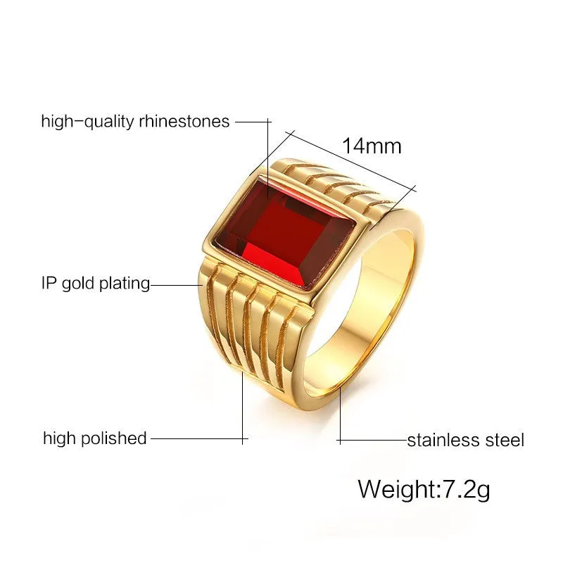 Men's Square Red Stone Rings Gold-Plated Steel Jewelry Bague Anillos