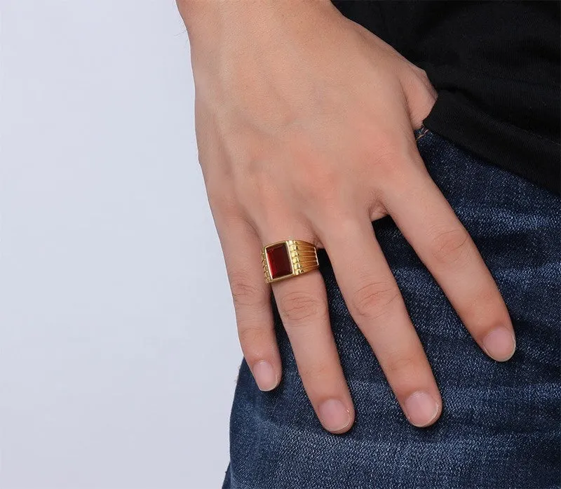 Men's Square Red Stone Rings Gold-Plated Steel Jewelry Bague Anillos
