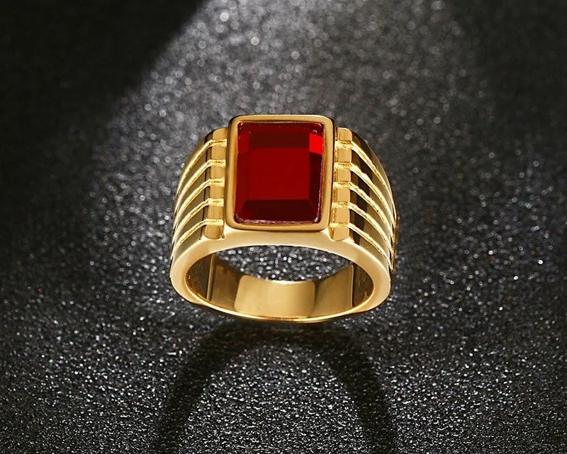 Men's Square Red Stone Rings Gold-Plated Steel Jewelry Bague Anillos