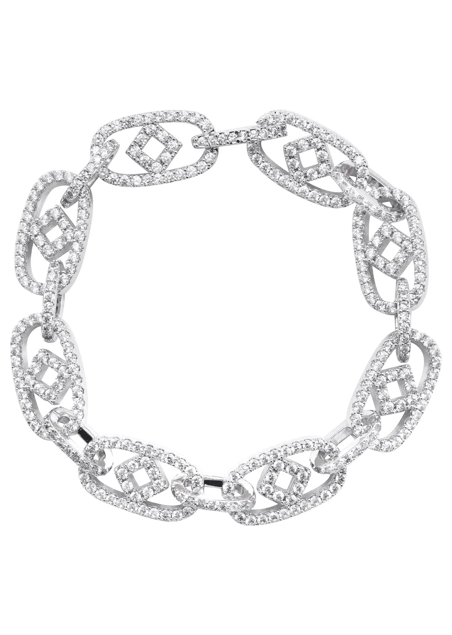 Mens White Gold Iced Out Box Oval Link Bracelet