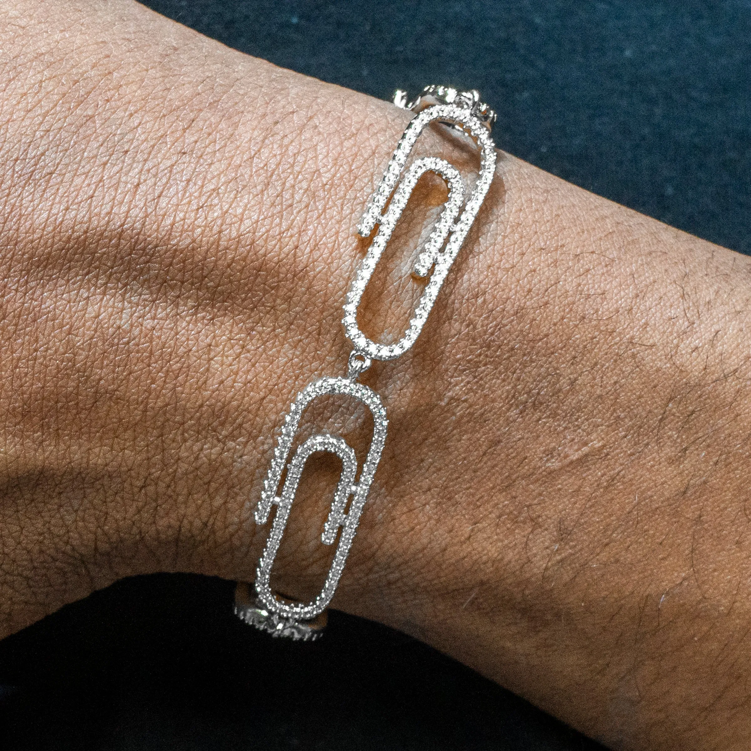 Mens White Gold Iced Out Paper Clip Bracelet