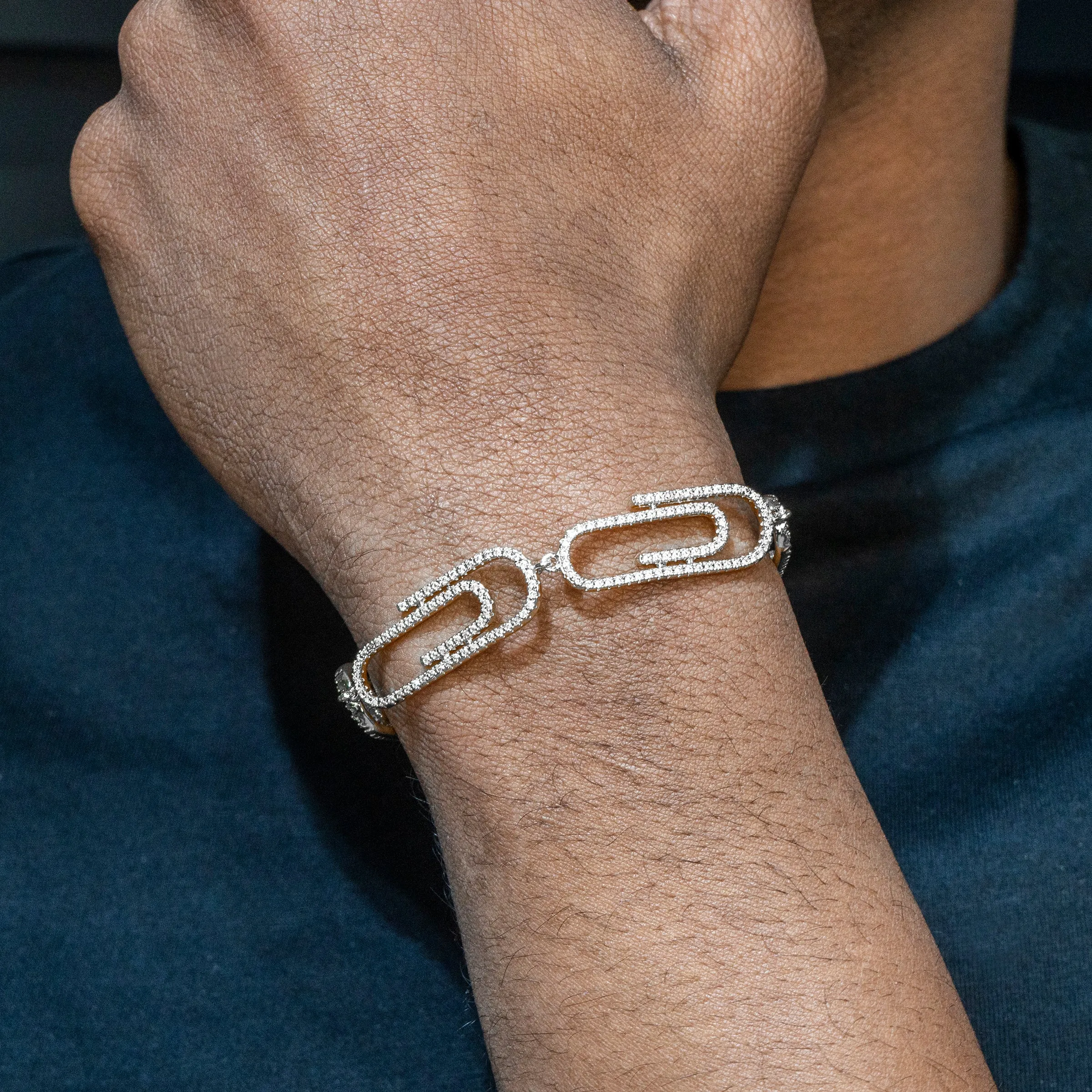 Mens White Gold Iced Out Paper Clip Bracelet
