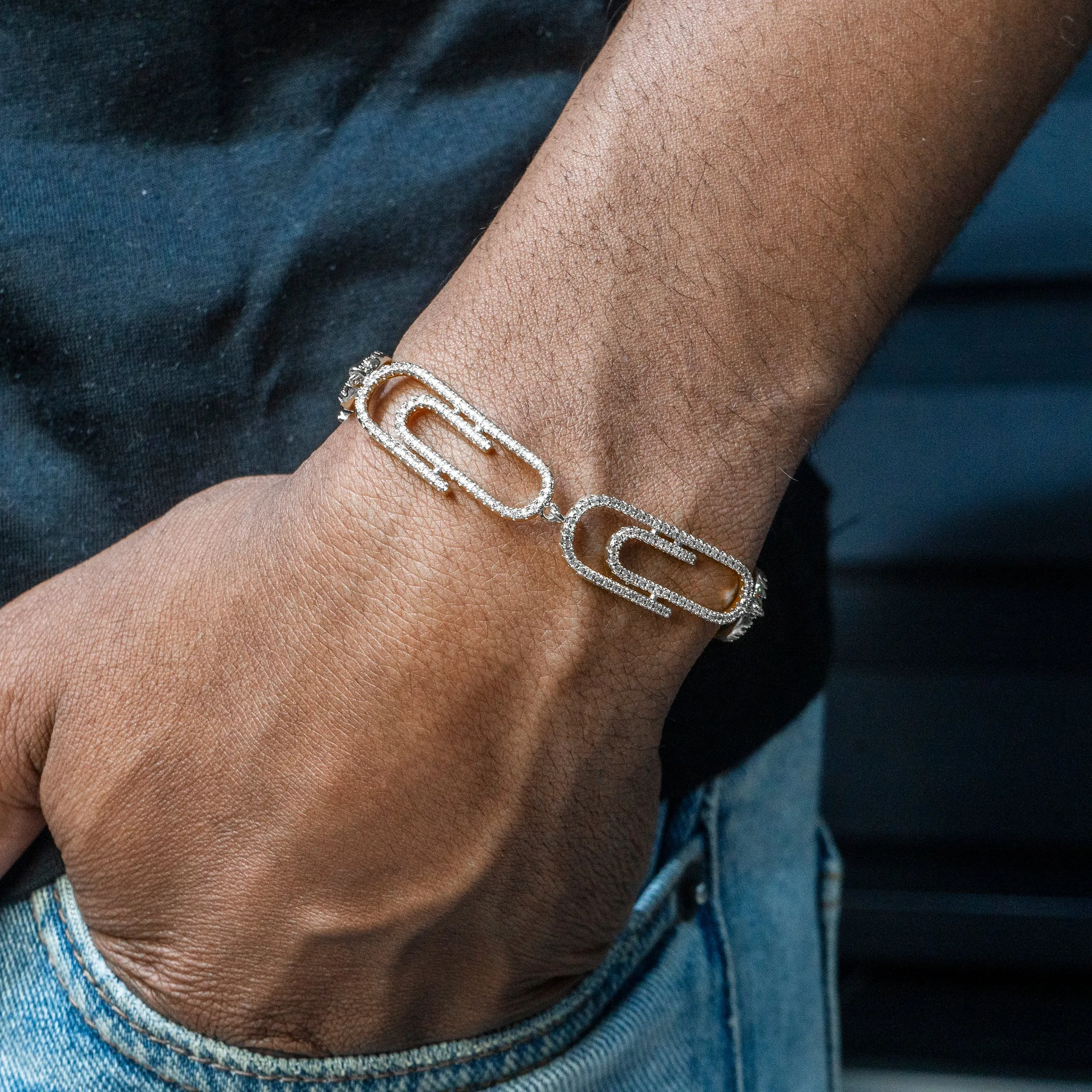 Mens White Gold Iced Out Paper Clip Bracelet