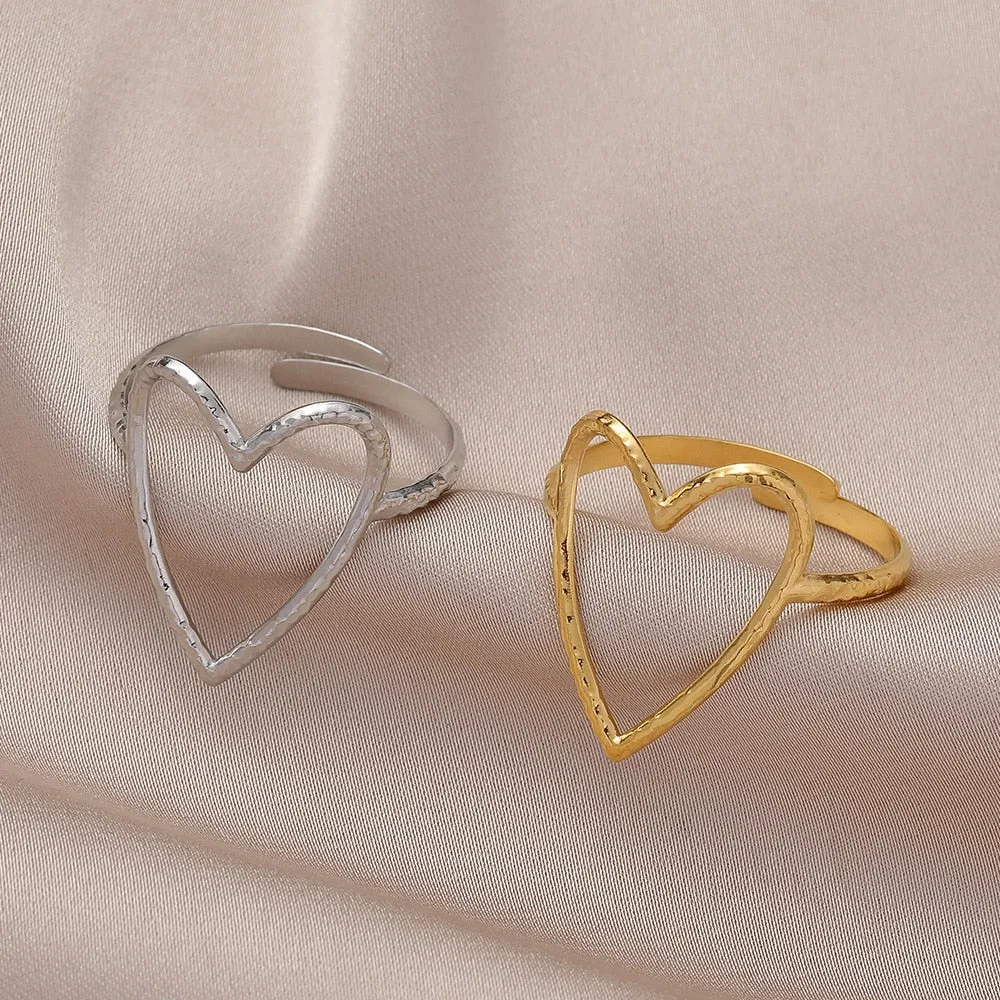 MEYRROYU Stainless Steel 2 Color Big Heart Rings 2021 Trend Adjustable Opening Rings For Women Couple Gift Punk Fashion Jewelry