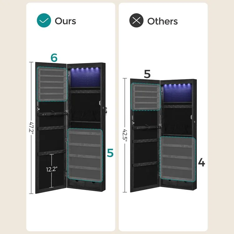 Mirror Jewelry Cabinet, 47.2" H Lockable Wall/Door Mounted Jewelry Armoire, 6 LEDs