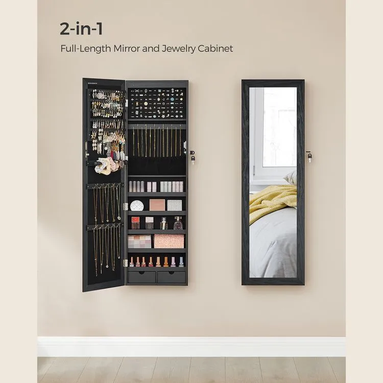 Mirror Jewelry Cabinet, 47.2" H Lockable Wall/Door Mounted Jewelry Armoire, 6 LEDs