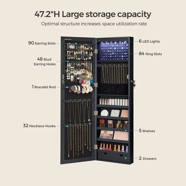 Mirror Jewelry Cabinet, 47.2" H Lockable Wall/Door Mounted Jewelry Armoire, 6 LEDs