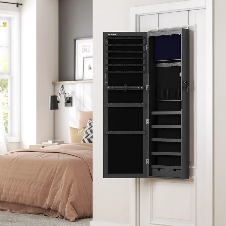 Mirror Jewelry Cabinet, 47.2" H Lockable Wall/Door Mounted Jewelry Armoire, 6 LEDs