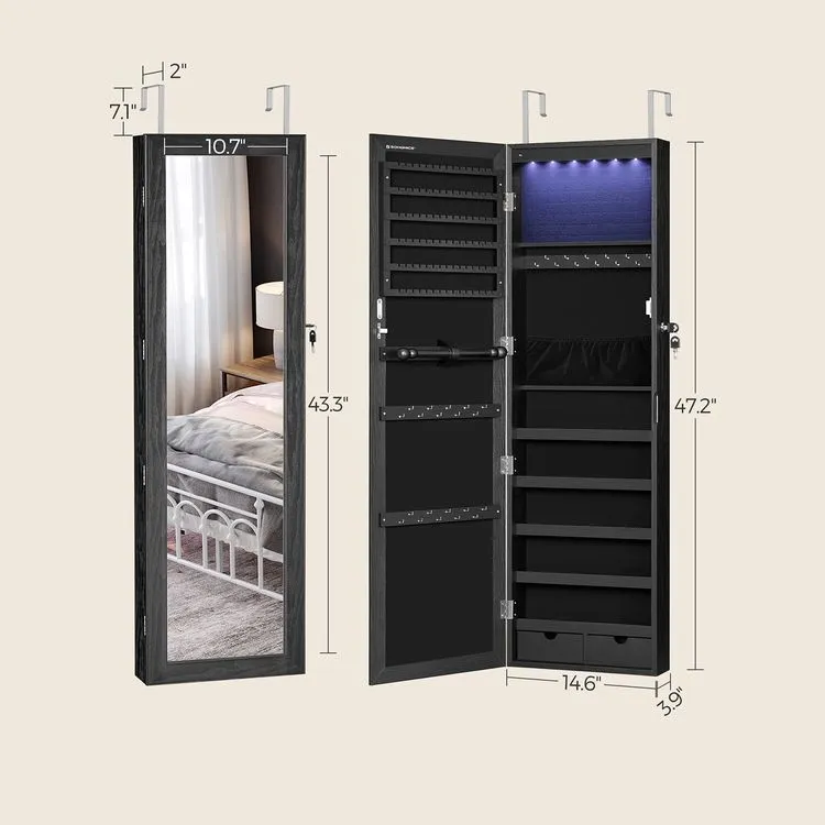 Mirror Jewelry Cabinet, 47.2" H Lockable Wall/Door Mounted Jewelry Armoire, 6 LEDs