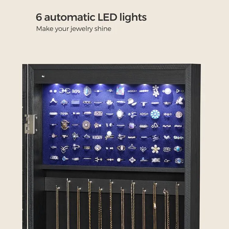 Mirror Jewelry Cabinet, 47.2" H Lockable Wall/Door Mounted Jewelry Armoire, 6 LEDs