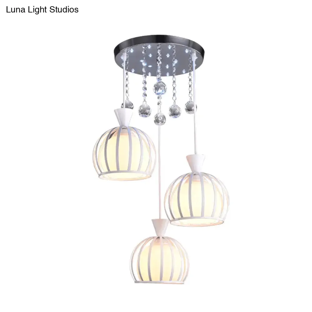 Modern Iron 3-Headed Cage Pendant Light: White Finish with Opal Glass Shade