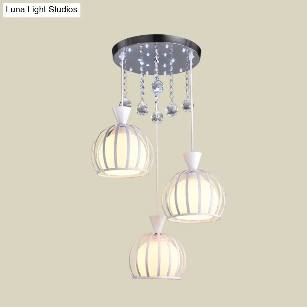 Modern Iron 3-Headed Cage Pendant Light: White Finish with Opal Glass Shade