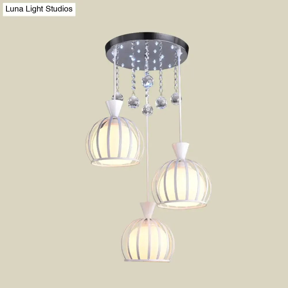 Modern Iron 3-Headed Cage Pendant Light: White Finish with Opal Glass Shade