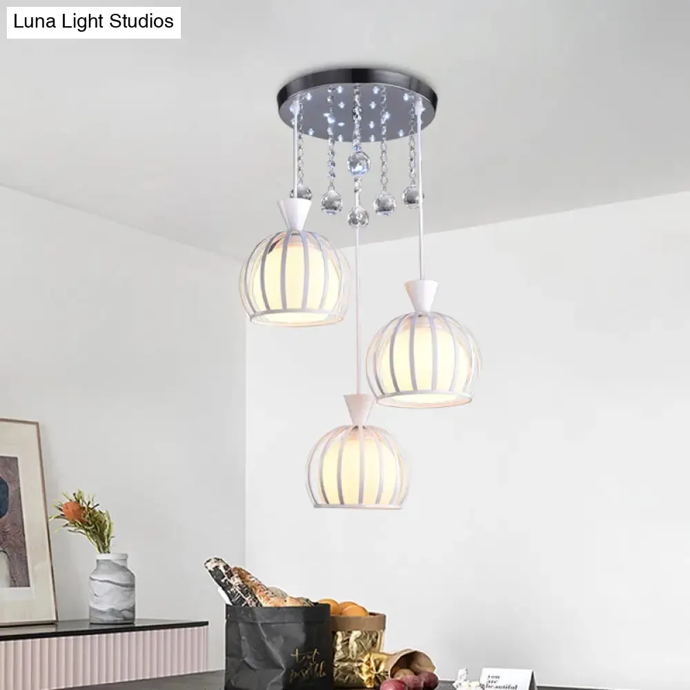 Modern Iron 3-Headed Cage Pendant Light: White Finish with Opal Glass Shade