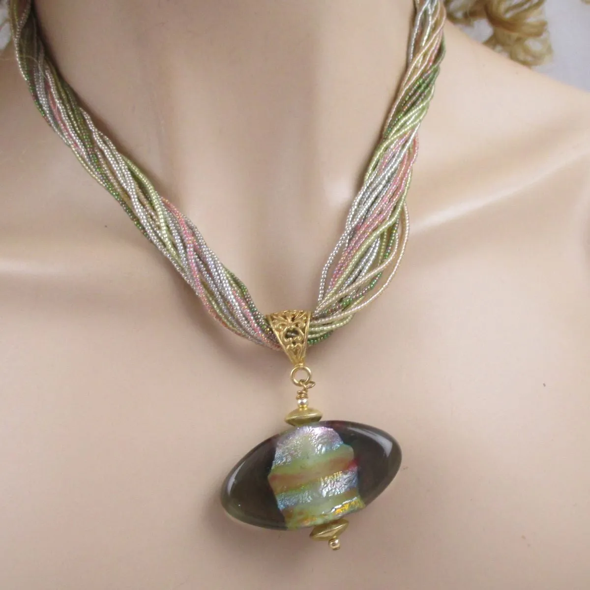 Multi Strand Necklace with Handmade Artisan Bead Pendant