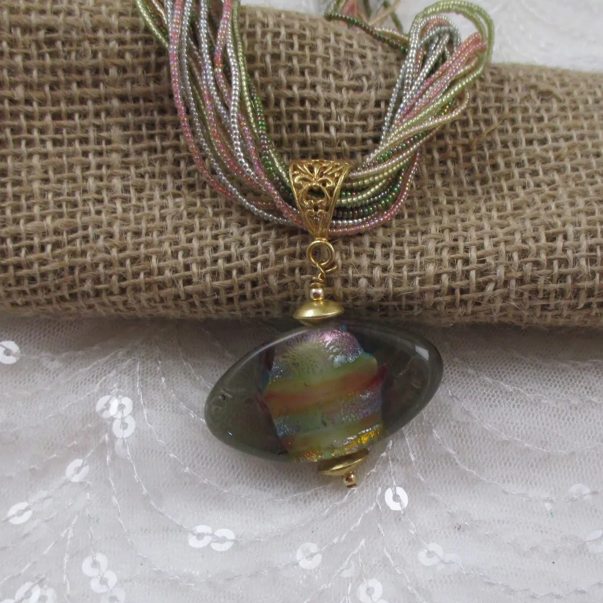 Multi Strand Necklace with Handmade Artisan Bead Pendant