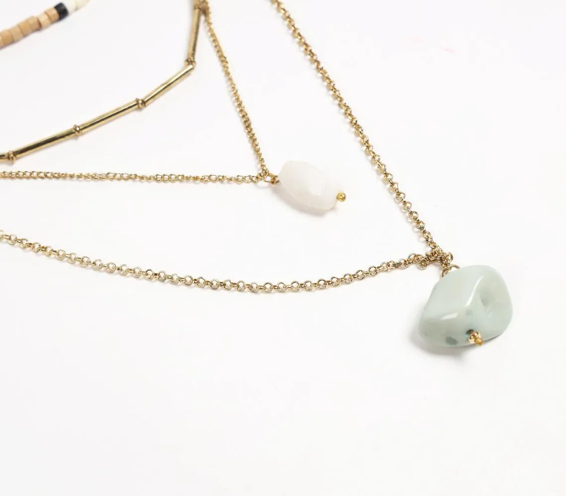 Natural Stone & Recycled Bone Layered Metallic necklace