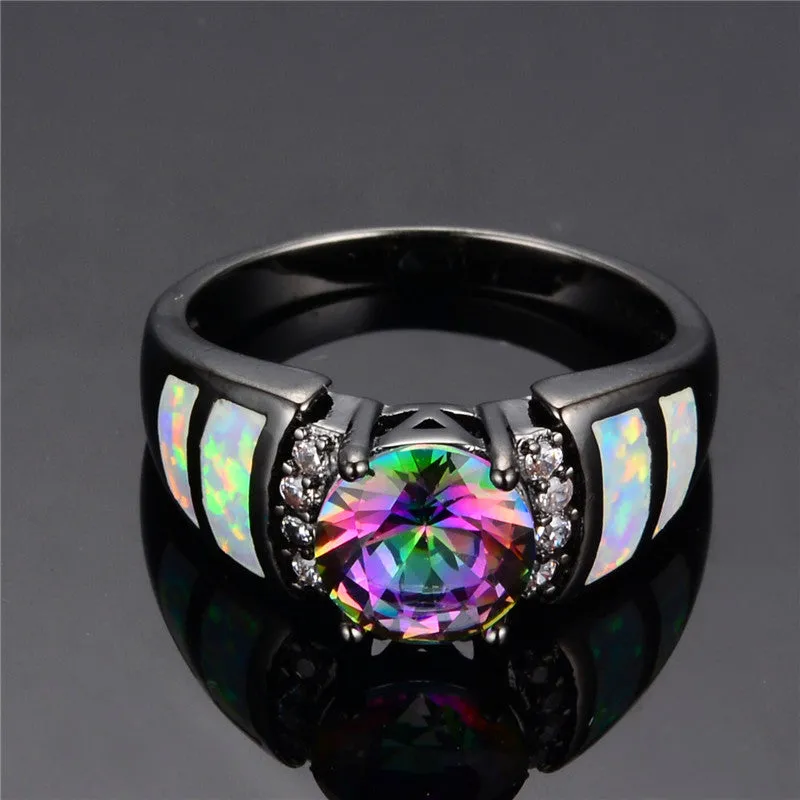 New Fashion Big Rainbow Opal & Crystal CZ Ring 10KT Black Gold Filled Vintage Jewelry Wedding Rings For Women