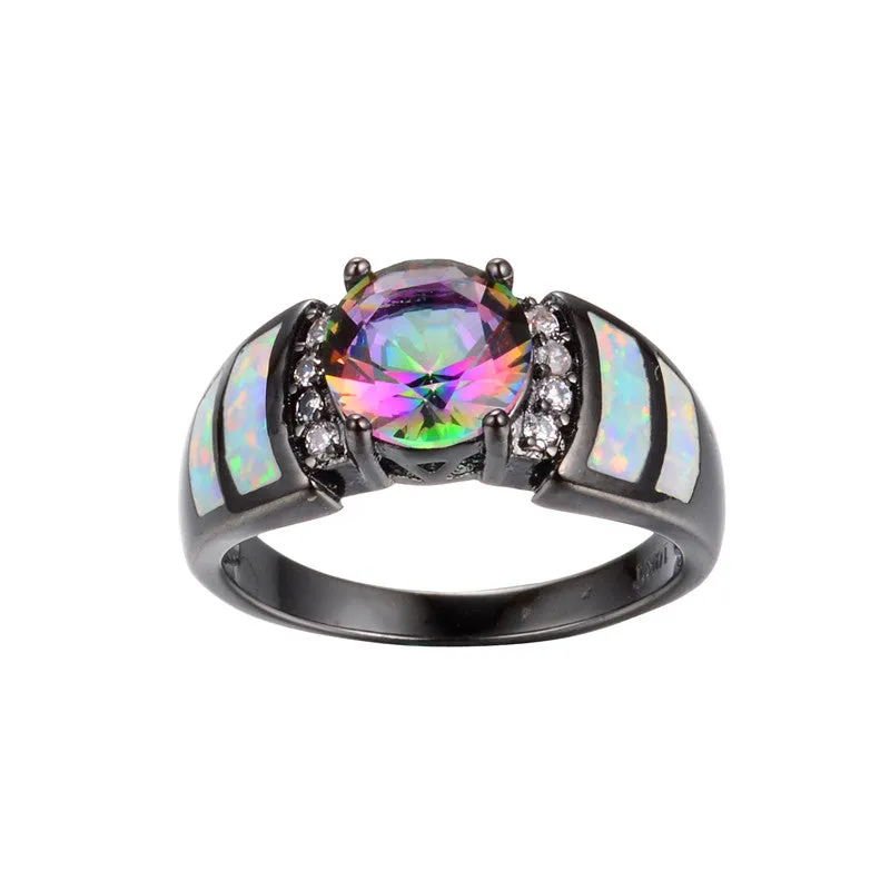 New Fashion Big Rainbow Opal & Crystal CZ Ring 10KT Black Gold Filled Vintage Jewelry Wedding Rings For Women