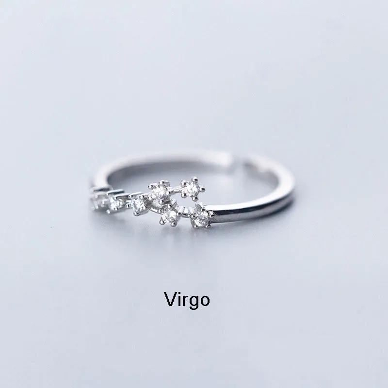 New Minimalist Inlaid Cubic Zircon 12 Constellation Zodiac Sign Rings for Women Simple Silver Color Adjustable Ring Jewelry Gift