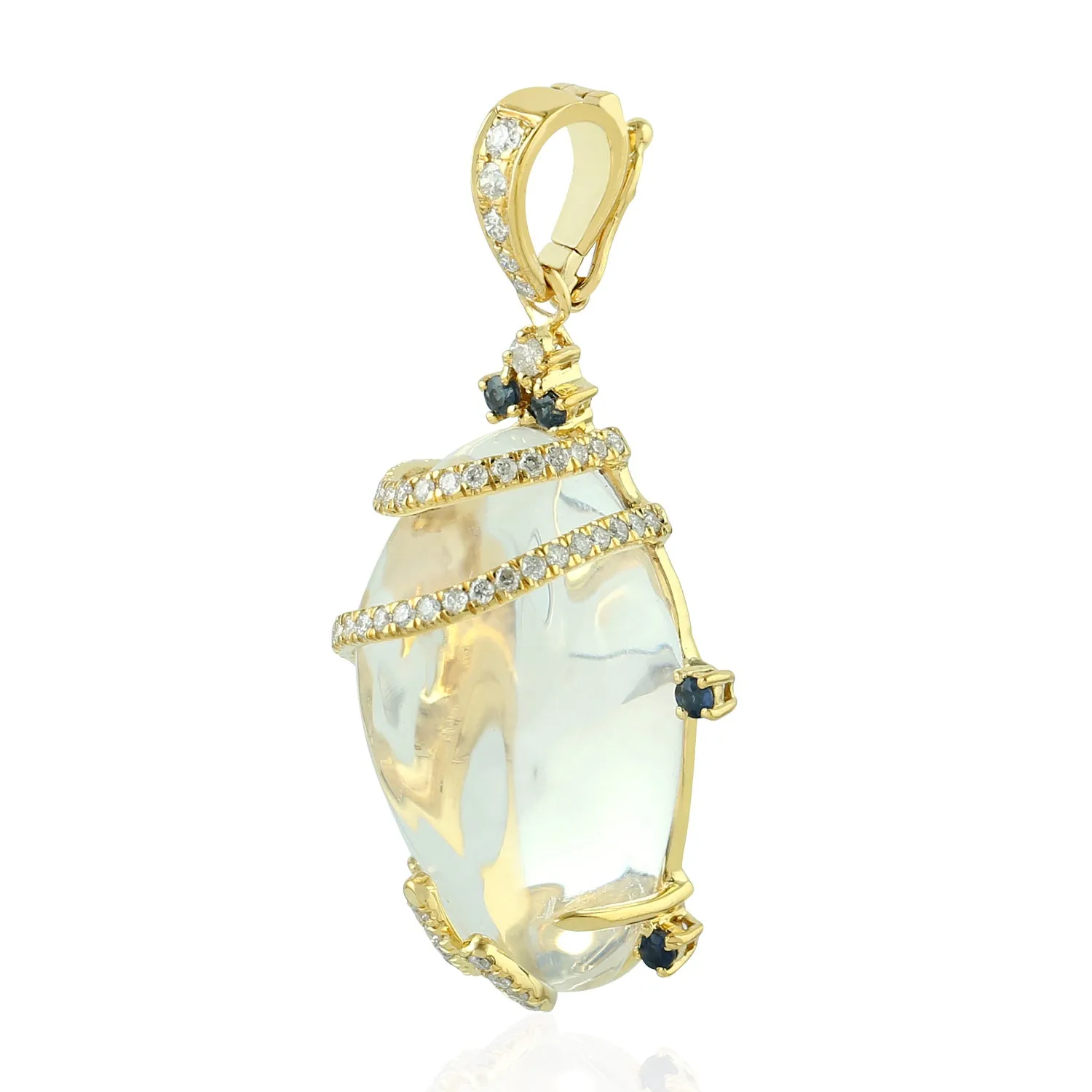 Opal Prong Blue Sapphire Pave Diamond Designer Pendant Jewelry Gift For Her In Gold
