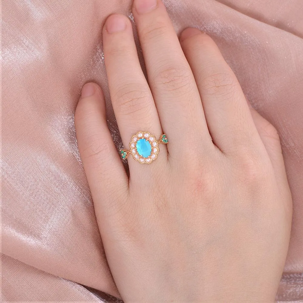 Oval-Shaped Halo Turquoise & Pearl & Lab Emerald Yellow Gold Ring