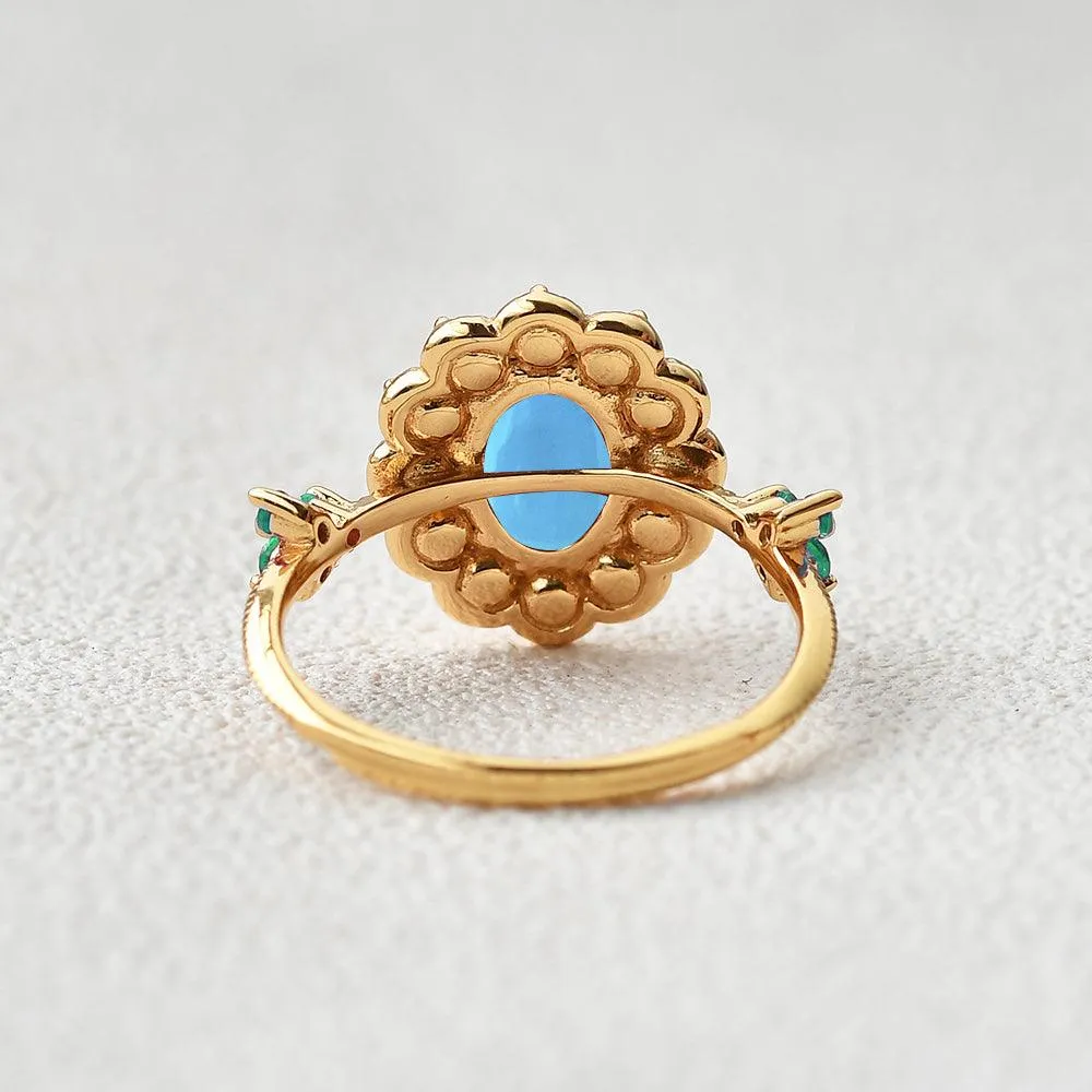 Oval-Shaped Halo Turquoise & Pearl & Lab Emerald Yellow Gold Ring