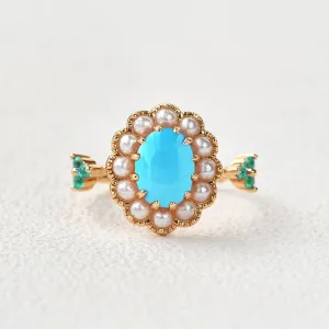 Oval-Shaped Halo Turquoise & Pearl & Lab Emerald Yellow Gold Ring