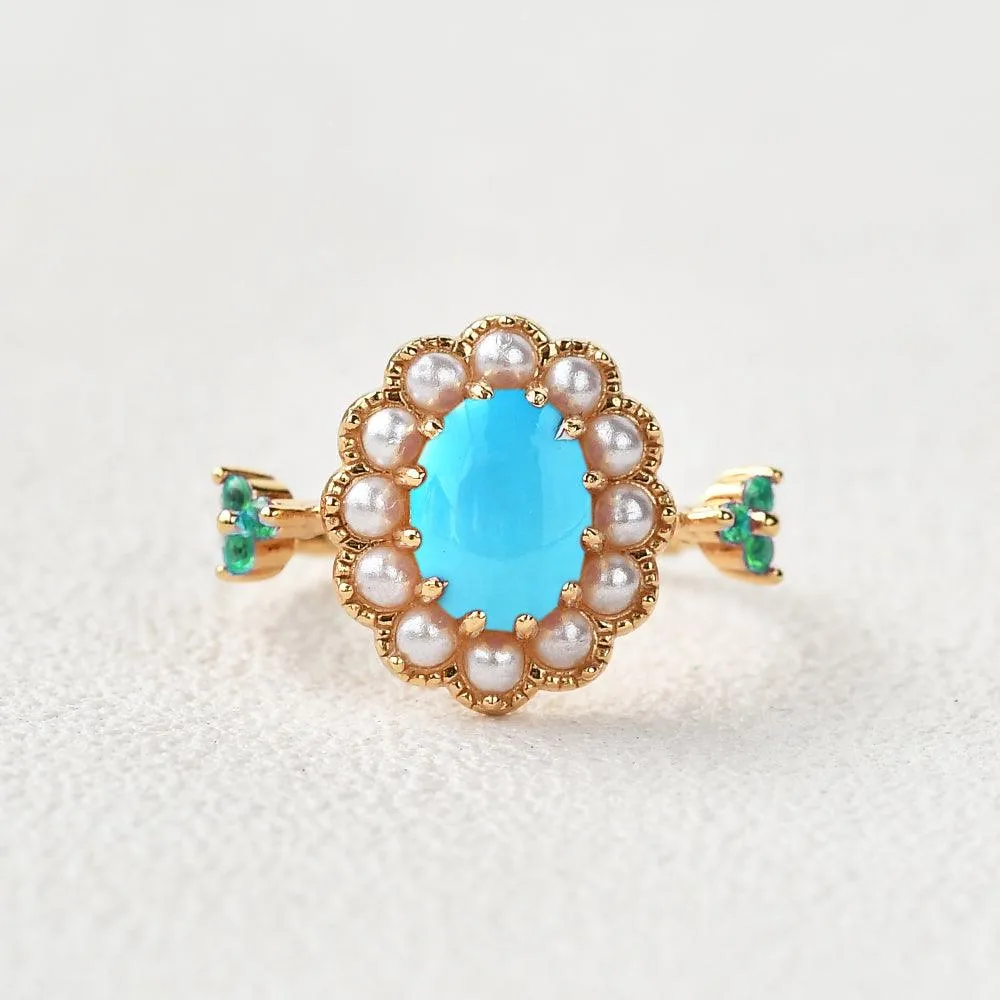 Oval-Shaped Halo Turquoise & Pearl & Lab Emerald Yellow Gold Ring
